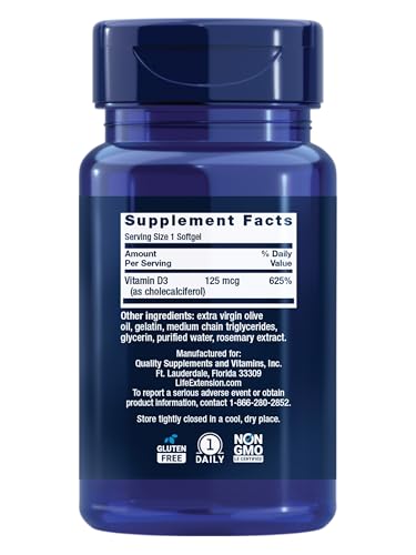 Life Extension Vitamin D3 125 mcg (5000 IU), Bone Health, Brain - Product Imagery