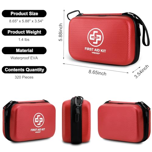 VRIEXSD Premium 320-Piece First Aid Kit, Waterproof EVA Hard - Product Imagery