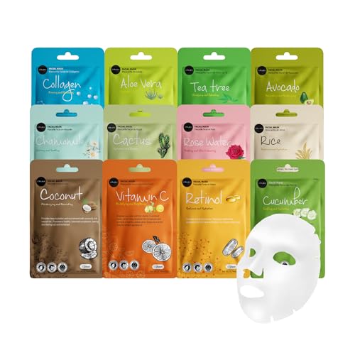 Celavi Korean Face Mask Sheet Set, Spa Masks, 12 Pack Collagen - Product Imagery