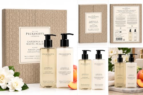 Pecksniff's Gardenia & White Peach Luxury Hand Care Collection – Hand Wash & Hand & Body Lotion – 2 x 300 mL / 10.14 fl 