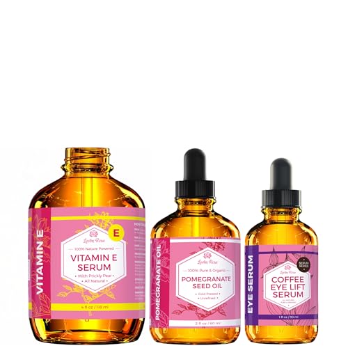 Leven Rose Anti-Aging Power Pack, with Vitamin E Serum, Pomegranate Seed Oil 2oz, Coffee Eye Lift Serum 1oz, for Hair, S
