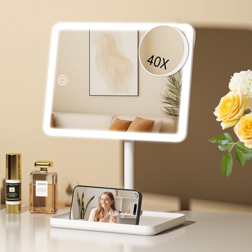 FUNTOUCH 4000mAh Rechargeable Vanity Mirror with Lights 40X Magnifier,White – 9.5"lx7.5"w-white-m, Acrylonitrile