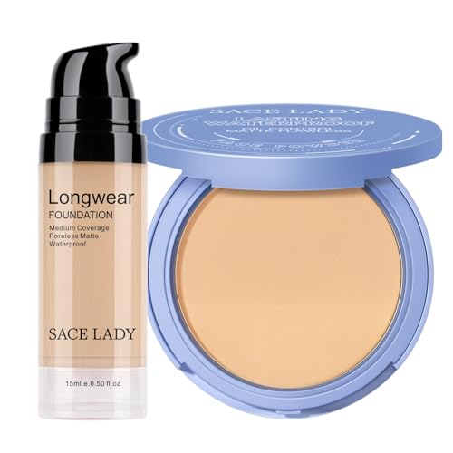 SACE LADY 2Pcs Face Make Up Set, Foundation and Oil Control Pressed Powder – 2 pack