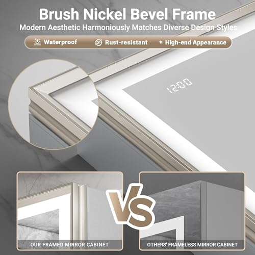 36x30 Lights Medicine Mirror Cabinet, Beveled Brushed Nickel - Product Imagery