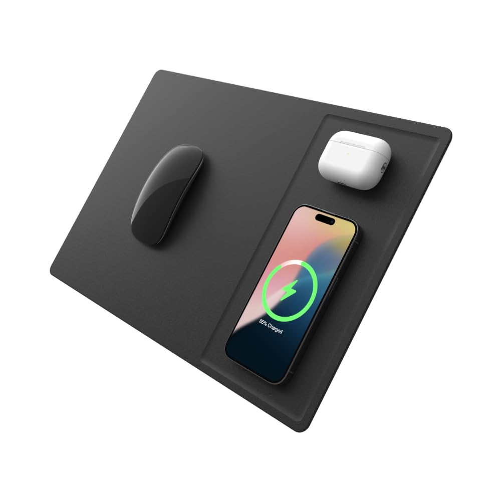 POUT H3 PRO Dual Qi Wireless Charging Mouse Pad – Dual Fast Wireless Chargers for Smartphones and Earbuds – Smooth Surfa