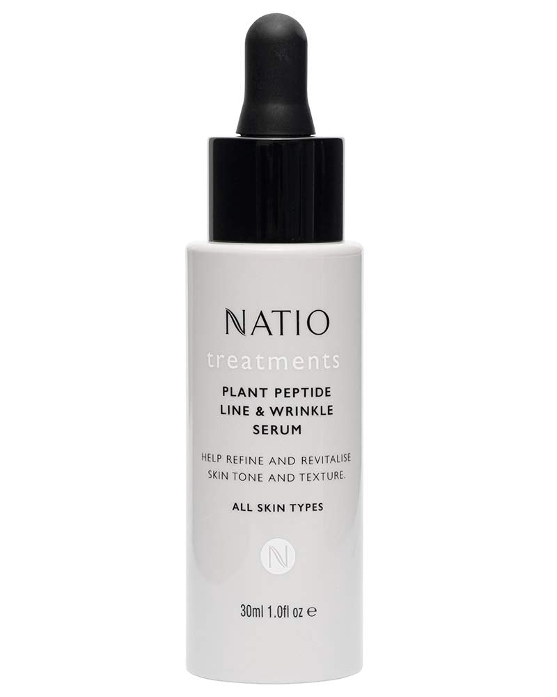 Natio Plant Peptide Line and Wrinkle Serum in a 1 oz bottle, rejuvenating face serum for anti-aging and revitalizing skin texture.