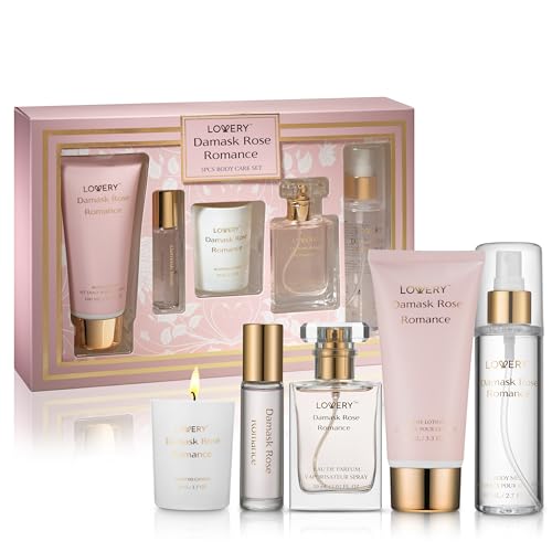 LOVERY Womens Gift, Birthday Gifts for Mom, Self Care Gifts for Women, Damask Rose Romance Spa Kit with Soy Candle, Perf