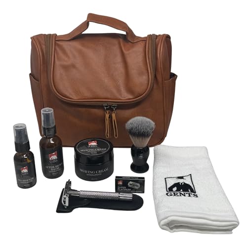 G.B.S GENTS Men’s Shaving Kit with Faux Leather Travel Bag – Safety Razor, Shaving Brush, Sandalwood Shaving Cream, Pre 