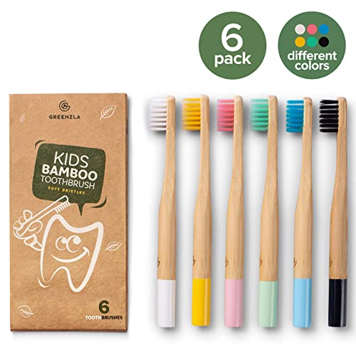 GREENZLA 6 Pack Kids Bamboo Toothbrush | Soft Charcoal Bristles - Product Imagery