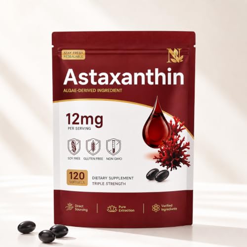 Astaxanthin 12mg Supplement 120 Softgels, Premium Natural - Product Imagery