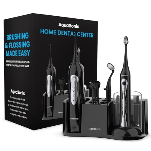 AquaSonic Home Dental Center Rechargeable Power Toothbrush & Smart Water Flosser - Complete Family Oral Care System - 10