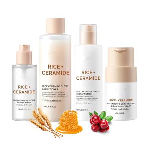 XJBD Rice Ceramide Moisturizing Skincare Set, Korean Glow Skin Travel Gift Kit with Rice Water - Radiance 4-Step Routine