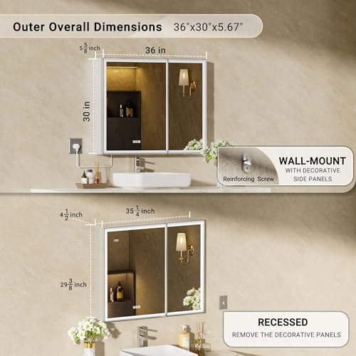 36x30 Lights Medicine Mirror Cabinet, Beveled Brushed Nickel - Product Imagery