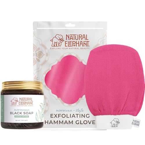 Natural Elephant Moroccan Black Soap 200g (7oz) and Exfoliating Hammam Glove Combo (Pink Tulip) – Plant Based