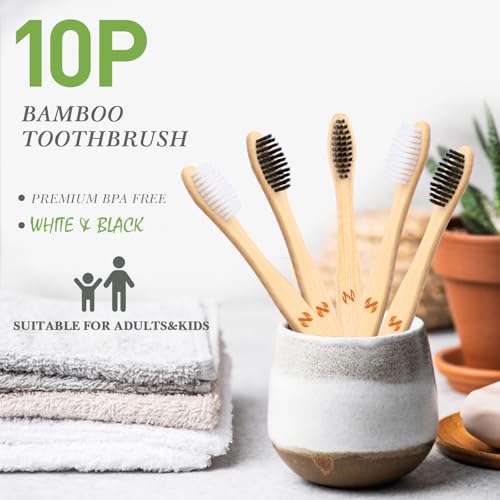 10 PCS Bamboo Toothbrushes, Individually Wrapped Wooden - Product Imagery
