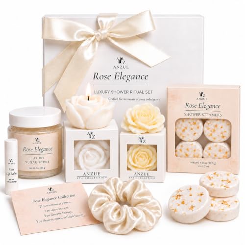 ANZUE Rose Spa Gift Set for Women – Shower Spa Gifts, Self Care Gift Basket, Candle, Body Scrub, Shower Steamers, Lip Ba