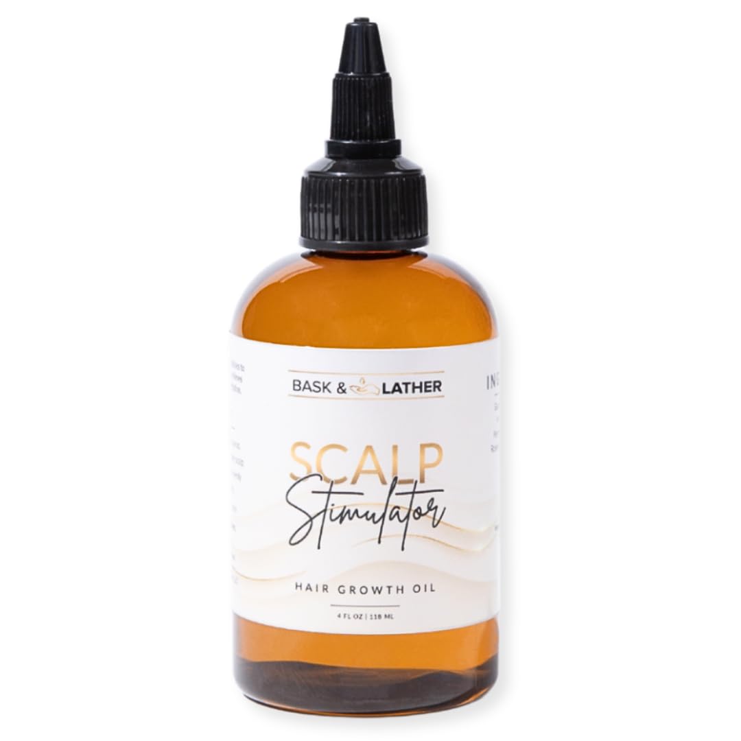 Bask & Lather Scalp Stimulator Hair Growth Oil in a 4 fl oz bottle, showing the product with a dropper applicator for scalp treatment.