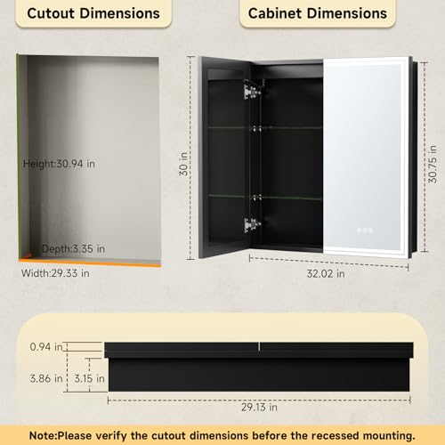 30"x32" LED Lighted Medicine Cabinet, LED Mirror with Defogger, - Product Imagery