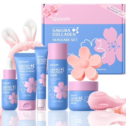 QUIYUM Sakura Collagen Skincare Set - 8-Piece Glass Skin Routine - Product Imagery