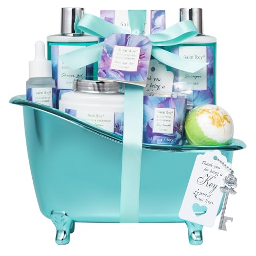 Saint Roy Bath and Body Basket Set, EUCALYPTUS & Mint Spa Gift Basket for Women – Vegan, Eucalyptus & Mint
