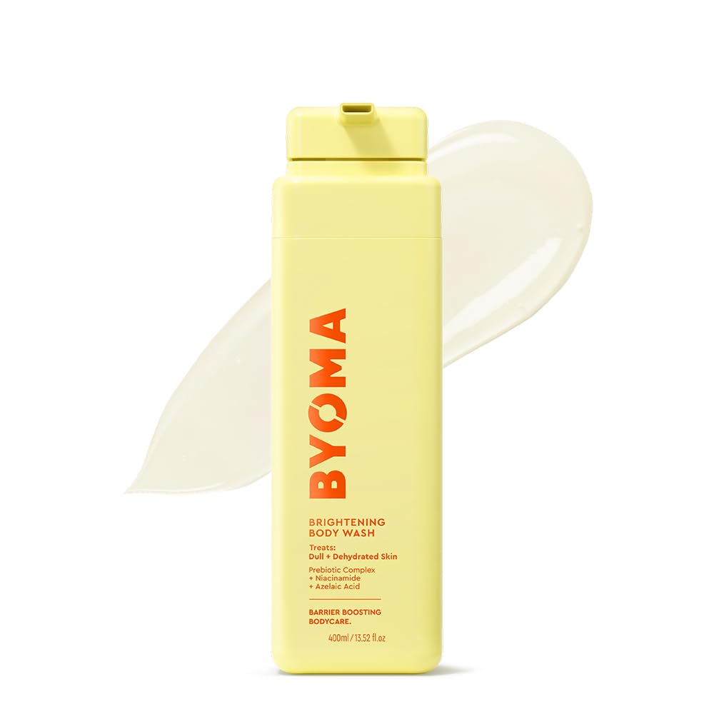 BYOMA Brightening Body Wash in a pump bottle, showing the creamy, brightening skin cleaning agent for smooth, glowing skin