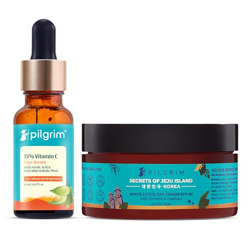Pilgrim Glowing Skincare Combo: Korean White Lotus Day Cream SPF 50 (PA+++) & 15% Vitamin C Serum (20ml) | With Ferulic 