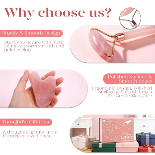 BAIMEI IcyMe Rose Quartz Roller & Gua Sha Facial Tool Set for - Product Imagery