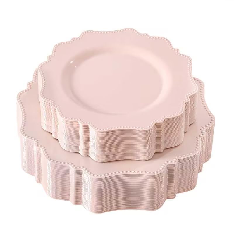 COLOSUS 60 PCS Pink Disposable Plastic Plates, Fancy Beaded Party Plates. – Pink