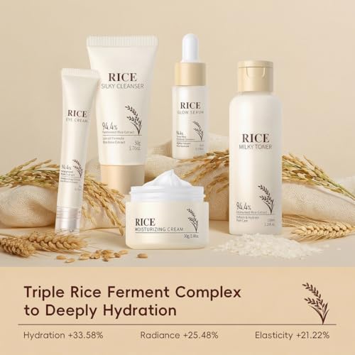 Korean Skin Care Set with Rice, 5-Step Facial Kit for Women - Product Imagery