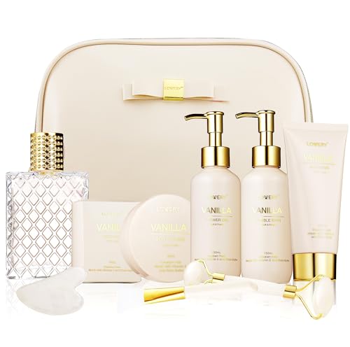 LOVERY Gifts for Women, Vanilla Spa Gift Basket for Women - Self Care Kit Bath Set with Shower Gel, Bubble Bath, Perfume