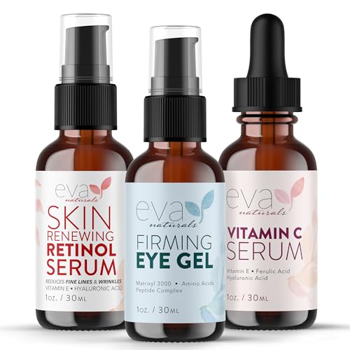 Eva Naturals Vitamin C, Retinol & Eye Gel Serum Set, Firming, Dark Circles – Antioxidant, Facelift Bundle