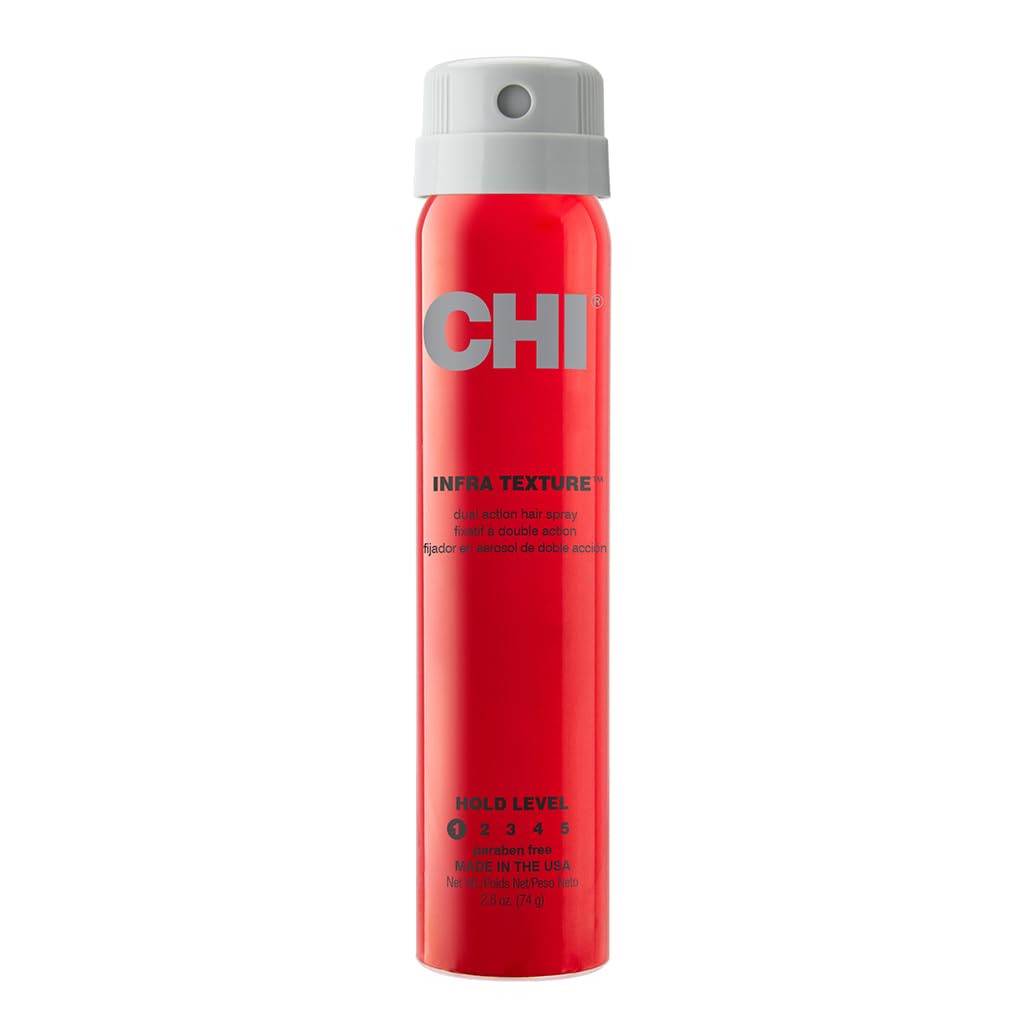 CHI Infra Texture Dual Hair Spray, 2.6oz, showing the bottle with a sleek design and spray nozzle, for shine and movement styling.