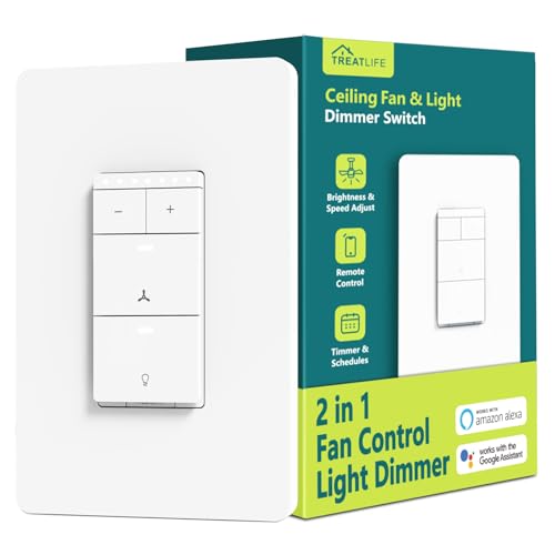 Smart Ceiling Fan Control and Dimmer Light Switch, Neutral Wire Needed, TREATLIFE 2.4Ghz Single Pole Wi-Fi Fan and Light