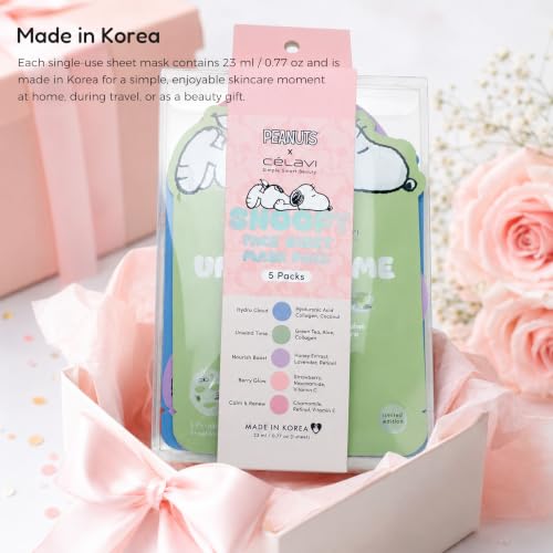 CELAVI 5 Pack Peanuts Snoopy Printed Sheet Mask, Cute Face Masks - Product Imagery
