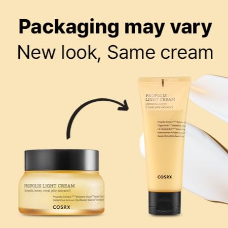 COSRX 64% Propolis Honey lightweight moisturizer jar with golden glow effect, 2.19 fl oz, showing smooth cream texture and golden accents.