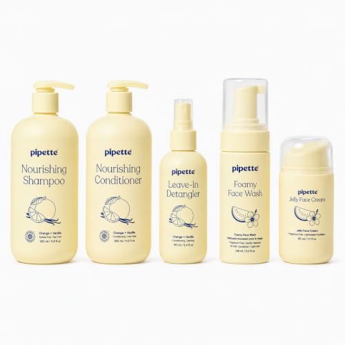 Pipette Kids Face & Hair Care Bundle, 5-Piece Routine Set – Sulfate Free, Watermelon Hibiscus scented, Orange + Vanilla