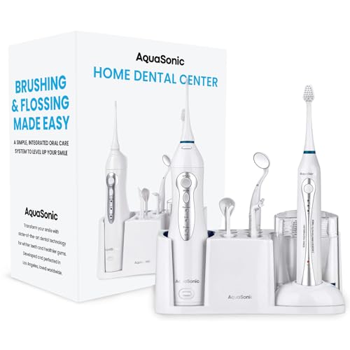 AquaSonic Home Dental Center Rechargeable Power Toothbrush & Smart Water Flosser - Complete Family Oral Care System - 10