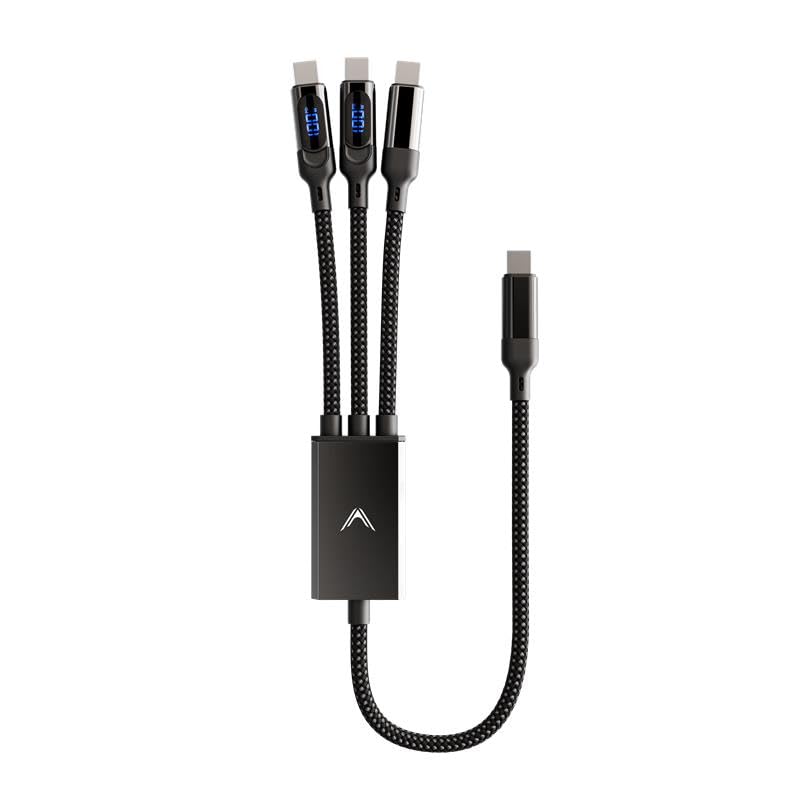 Futurizta Tech® Hydra 3‑in‑1 Triple USB‑C 100 W PD Fast‑Charge Cable with Smart Triboost® & LED Watt Display – Charge La
