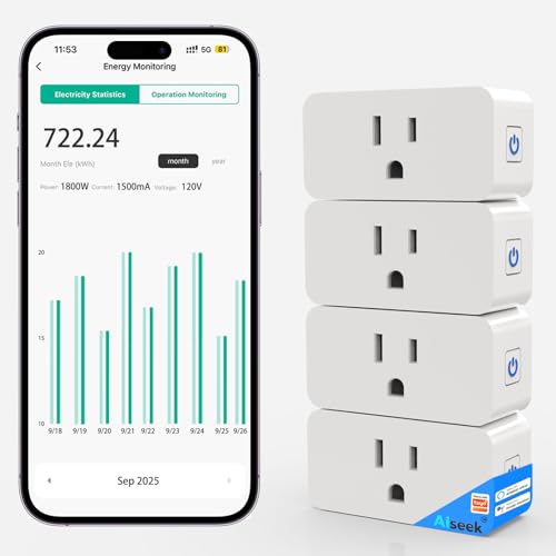 AiSeek Smart Plug Outlet with Energy Monitoring, 15A 2.4 GHz Wi-Fi, 4-Pack