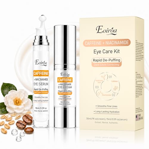 Eoiroa Caffeine Eye Cream for Dark Circles, Under Eye Serum with Hyaluronic Acid and Niacinamide, Eye Cream Set for Puff
