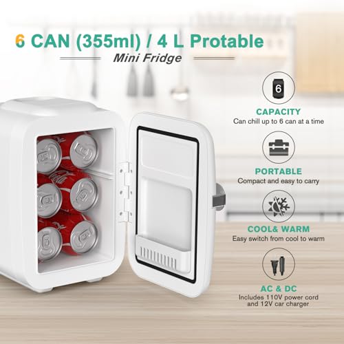 CROWNFUL Mini Fridge, 4 Liter/6 Can Portable Cooler and Warmer - Product Imagery