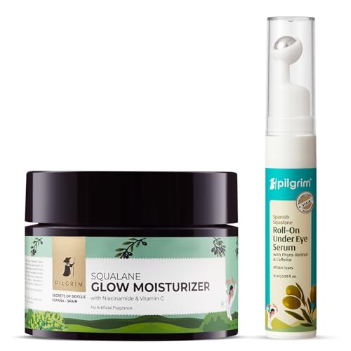 Pilgrim Spanish Squalane Glow-On Duo| Glow Moisturizer (25g) with Phyto-Retinol & Caffeine Roll-On Under Eye Serum (15ml
