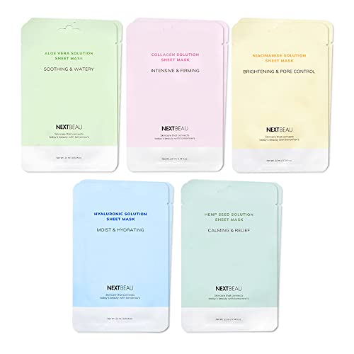 NEXTBEAU Solution Sheet Mask Variety Pack, 10 Count (5 Types x 2 - Product Imagery