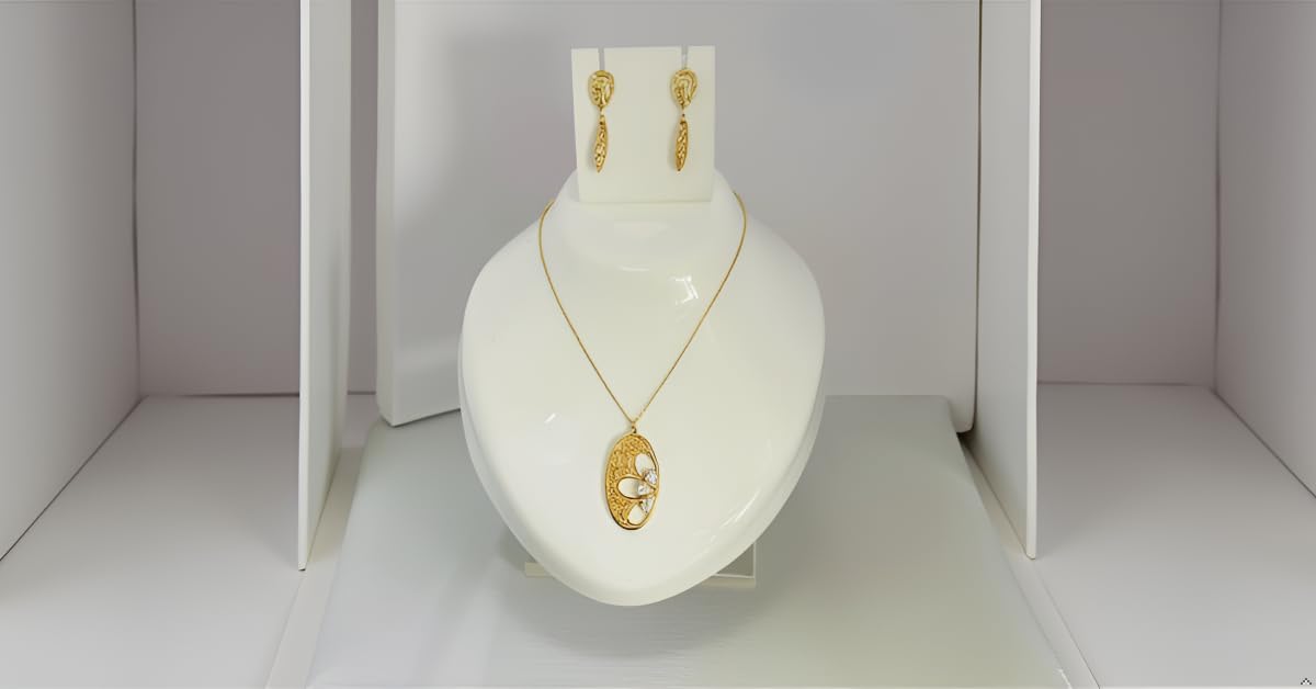MIRACLE JEWELS by MJ Handmade Elegant Gold-Tone Jewelry Set, Filigree Floral Oval Pendant Necklace with Cubic Zirconia A