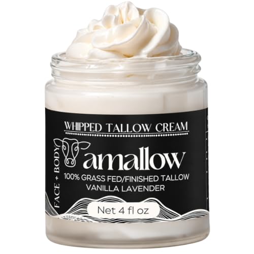 Amallow 100% Grass Fed Beef Tallow for Skin Care - Face + Body - Whipped Moisturizer - Natural Lotion, 4 FL. oz. (Vanill