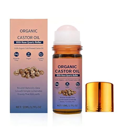 HTBGAA Organic Castor Oil Roll On with Rose Quartz Roller, 100% Castor Oil Organic Cold Pressed, Hexane-Free, for Face a