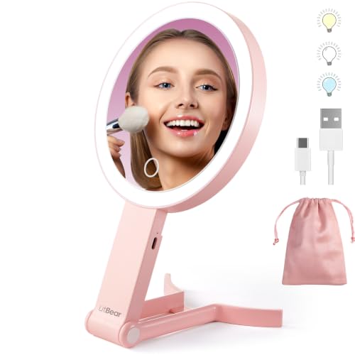 LitBear Travel Makeup Mirror with Lights, Rechargeable Double-Sided 10X/1X Magnifying Mirror, Portable Lighted Beauty Mi