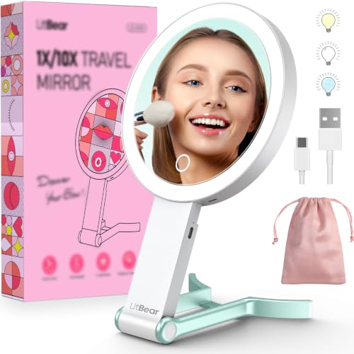 LitBear Travel Makeup Mirror with Light, Rechargeable Double-Sided 10X/1X Magnifying Mirror, Portable Lighted Beauty Mir
