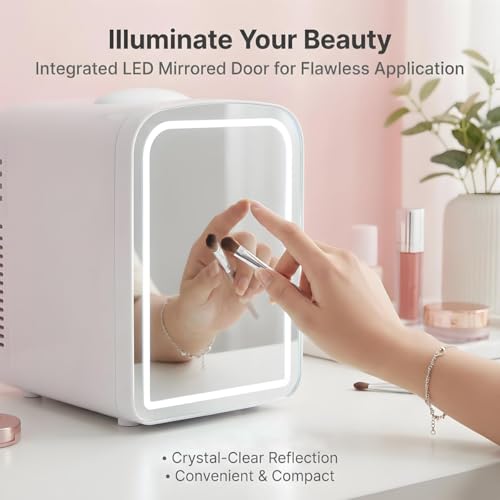 Lispin 4L Mini Skincare Refrigerator with Dimmable LED Mirror, - Product Imagery