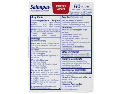 Salonpas Pain Relieving Patches 2.83" x 1.81" 60 Count, Pack 3 - Product Imagery